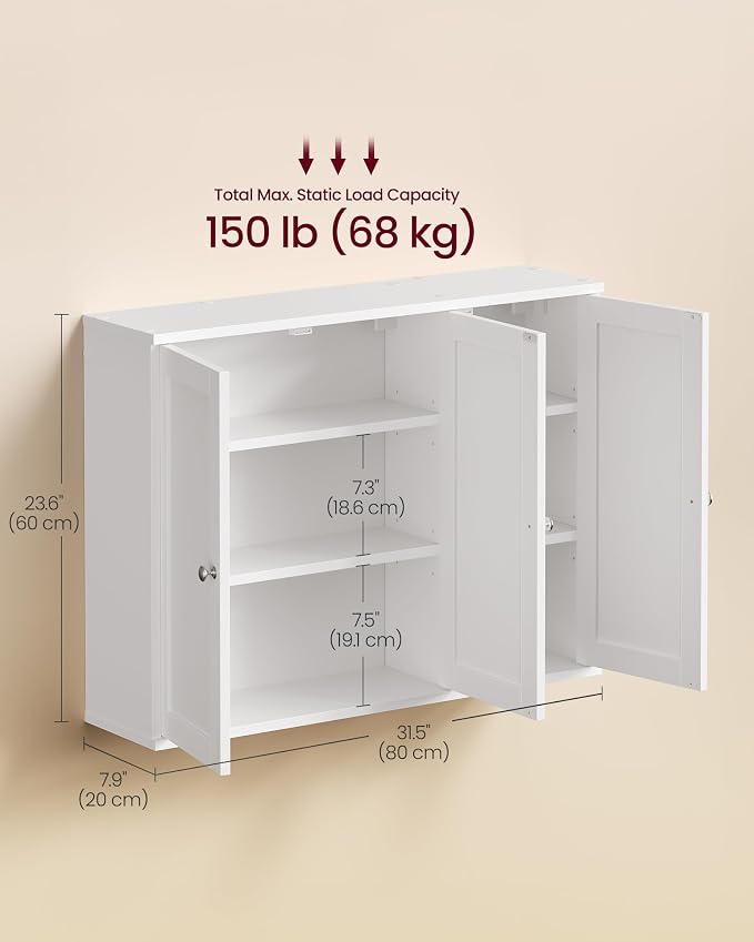 VASAGLE SIREN Collection Bathroom Wall Cabinet, Hanging Storage | Bathroom storage cabinet, for medicines, farmhouse, 4 adjustable shelves, 7.9 x 31.5 x 23.6 Inches