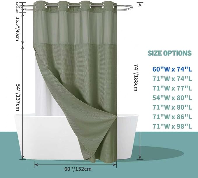 No Hook Waffle Shower Curtain with Snap-in Liner, 60x74 Inch, Sage Green | 230GSM waffle weave fabric, waterproof liner set with 2 bottom magnets, mesh window, washable, for shower stalls or bathrooms