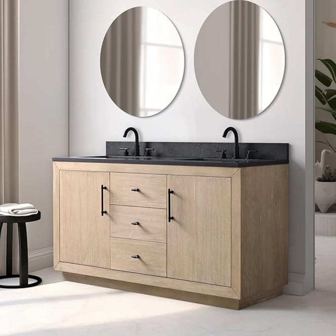 Vanity Art 60 inch Double Sink Bathroom Vanity, Vanity Cabinet with Doors and Shelf, Modern Wood Bathroom Vanity with White Marble Top, Solid Wood Frame, 3 Functioning Drawers, VA70-60-DLW-B