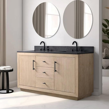 Vanity Art 60 inch Double Sink Bathroom Vanity, Vanity Cabinet with Doors and Shelf, Modern Wood Bathroom Vanity with White Marble Top, Solid Wood Frame, 3 Functioning Drawers, VA70-60-DLW-B
