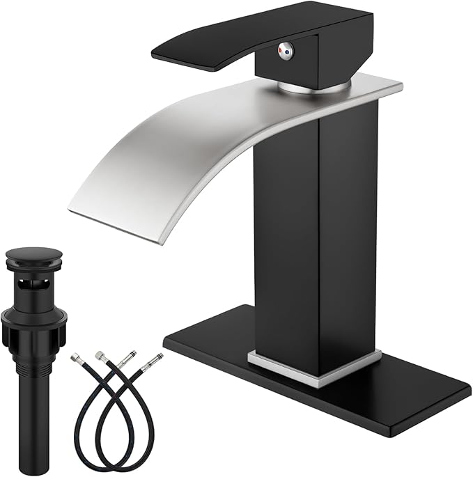 Midanya Bathroom Faucet with Waterfall Spout, Single Hole or 3-Hole Deck Mount, 304 Stainless Steel Sink Faucet with Pop-Up Drain, RV Vanity Compatible,Brushed Nickel Spout/Matte Black