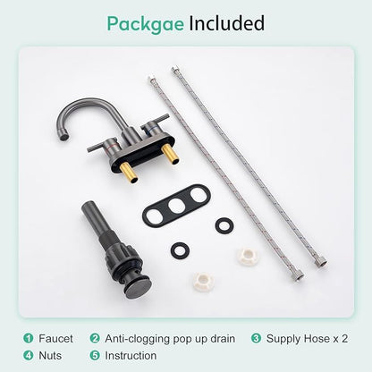 Faustina Gery Bathroom Faucet, 4 Inch Centerset Faucet for Sink 2 Holes 3 Holes，Two Handles 304 Stainless Steel with Pup up Drain Assembly and 2 Water Supply Lines for RV Vanity