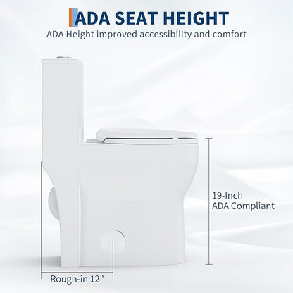 One Piece Toilet with 19" ADA Height, Round Bowl Design, Soft Closing PP Toilet Cover, Easy Clean Surface, Water Efficient Flush