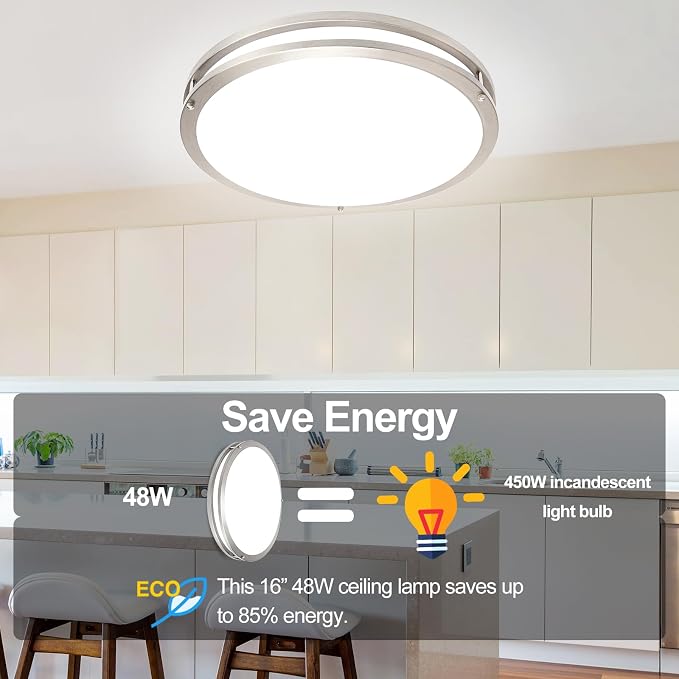 16inch LED Flush Mount Ceiling Light Fixture Dimmable Brushed Nickel, Easy Install Ceiling Lamp Fixture Without Flicker, Super Bright 48W 4800LM 5CCT Warm to White Light 3000K to 6000K 2-Pack