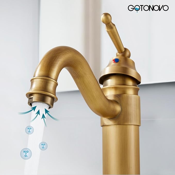 gotonovo Bathroom Vessel Sink Faucet Single Handle Brass Long Reach Bathroom Faucet 1 Hole Deck Mounted Mixer Tap with Pop Up Drain Antique Brass