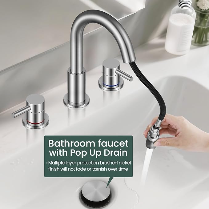 Pull Down Bathroom Faucet for Sink 3 Hole,8 inch Widespread Brushed Nickel Bathroom Sink Faucet with Pop Up Drain, Water Supply Hoses