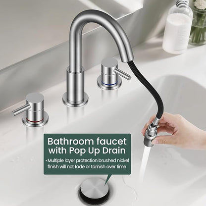 Pull Down Bathroom Faucet for Sink 3 Hole,8 inch Widespread Brushed Nickel Bathroom Sink Faucet with Pop Up Drain, Water Supply Hoses