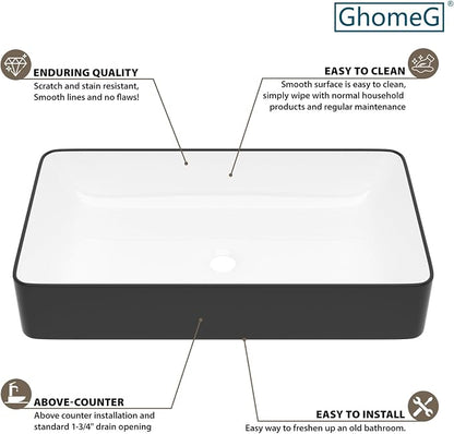 Bathroom Vessel Sink Ceramic Art Basin Above Counter White and Black | 24x13.58 Inch Rectangular Bathroom Sink Porcelain Vessel Vanity Sink