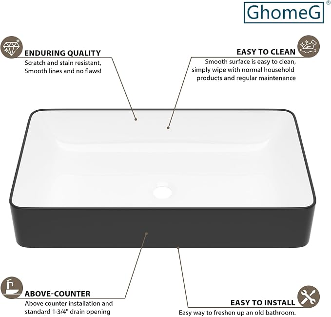 White and Black Bathroom Sink Ceramic Art Basin Above Counter | 24"x14" Rectangular Bathroom Vessel Sink Porcelain Vessel Vanity Sink