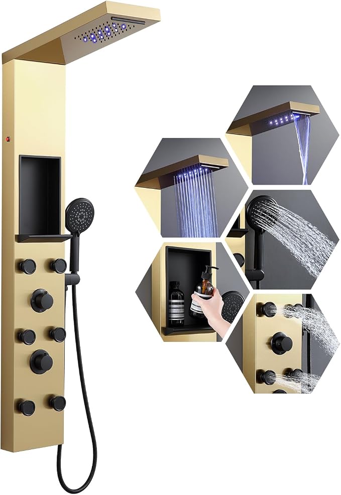 ROVATE LED Rainfall Waterfall Shower Panel Tower with Shelf, Brushed Gold | Powerful Stainless Steel Shower Column with 6 Angle Adjustable Body Massage Jets, Self-Cleaning 5-Setting Handheld