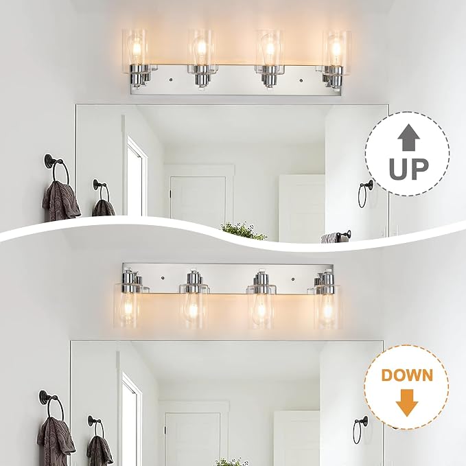 4 Lights Bathroom Light Fixtures Chrome Vanity Light with Clear Glass Shade 30in Modern Bathroom Lighting Fixtures Over Mirror for Bedroom/Living Room