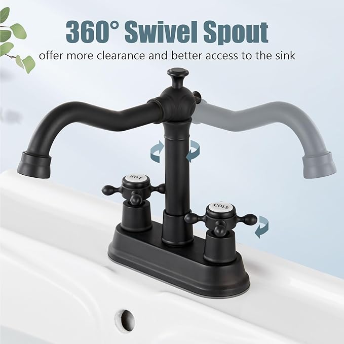 Aolemi 4 Inch Centerset Bathroom Sink Faucet Vintage 2 Cross Handle RV Mixer Tap Basin Vanity Lavatory Utility for Sink 3 Hole Include Hoses Pop Up Drain Faucet Handle with Label Matte Black