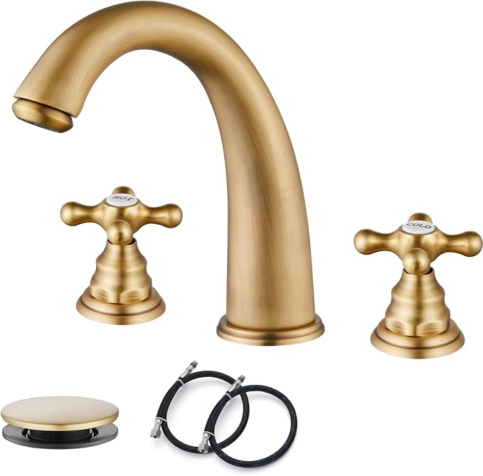 gotonovo Widespread Bathroom Sink Faucet 3 Hole Antique Brass,H&C Label | Vintage 8’’ Bathroom Faucet,2 Cross Handle,6-16’’ Sink,Vanity,RV,Farmhouse,SUS304,24’’ cUPC Hose,Pop Up Drain,Deck Mount