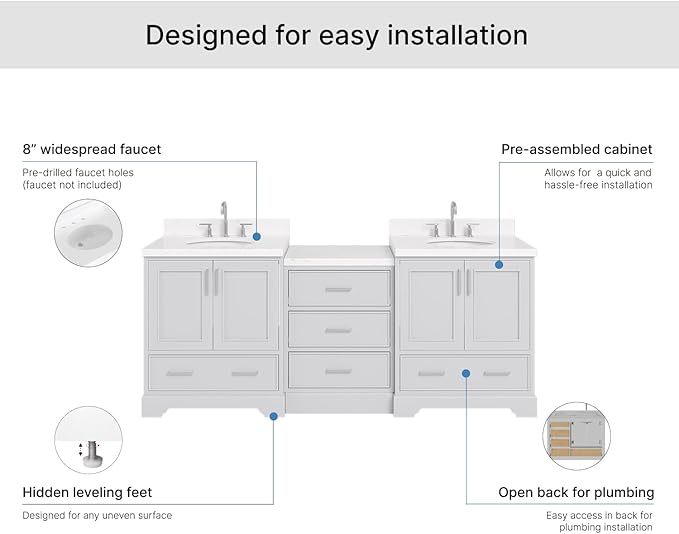 ARIEL Stafford 84-inch Bathroom Vanity with Sink,Solid Wood, 1.5in Carrara White Quartz Countertop & Backsplash, Double Oval Porcelain Sink, 4 Soft Closing Doors, 5 Dovetail Drawers, Grey