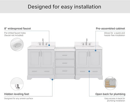 ARIEL Stafford 84-inch Bathroom Vanity with Sink,Solid Wood, 1.5in Carrara White Quartz Countertop & Backsplash, Double Oval Porcelain Sink, 4 Soft Closing Doors, 5 Dovetail Drawers, Grey