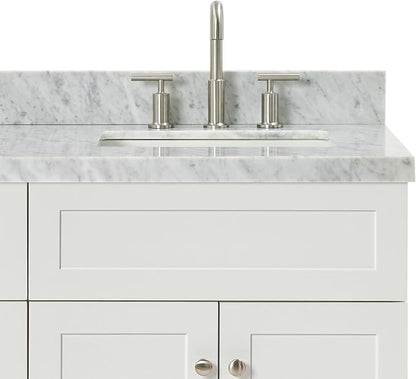 Bradford 66" White Double Bathroom Vanity, 1.5" Edge Italian Carrara Marble Countertop, Rectangular Undermount Sinks, 2 Soft Closing Doors, 3 Dovetail Drawers, Brushed Nickel