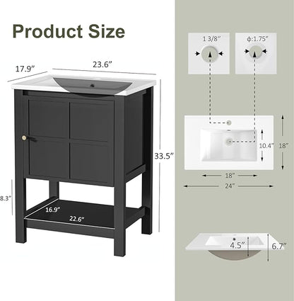 24 Inch Bathroom Vanity with Sink, Small Farmhouse Freestanding Bathroom Cabinet Combo Set, Soft Closing Door and Open Storage Shelf, Black