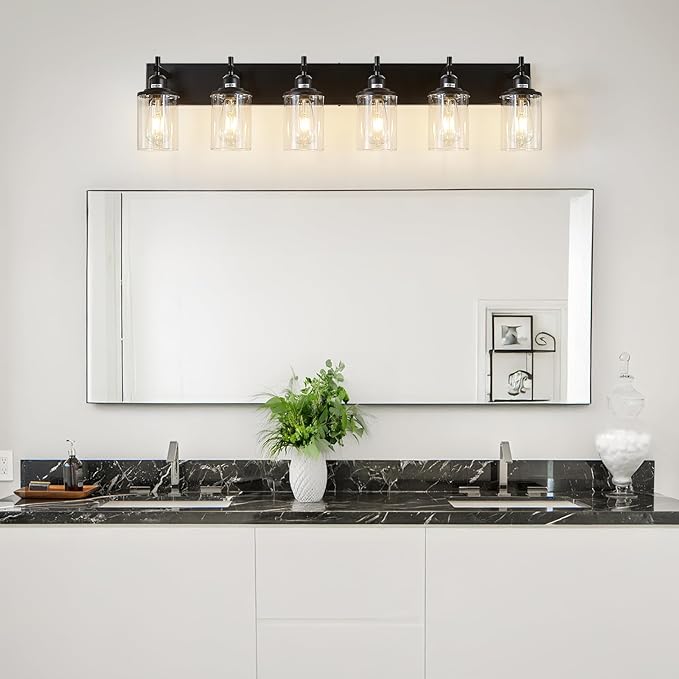 6-Light Black Bathroom Light Fixture Over Mirror Modern Farmhouse Bathroom Vanity Light Vintage Wall Lighting with Clear Glass Shade for Bathroom, Bedroom, Hallway, Cabinet