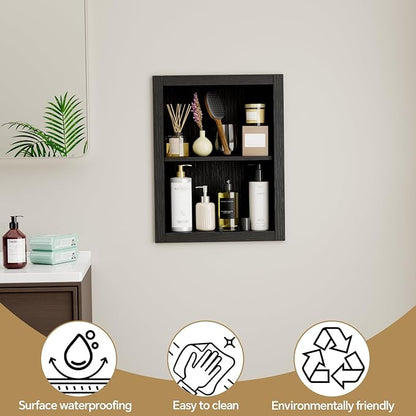 14'' * 18'' Recessed Medicine Cabinet Wall Niche Wood, 2-Tier Bathroom Niche Insert for Drywall, in Wall Shelf Medicine Cabinets Replacement, for Living Room, Bathroom Storage, Black