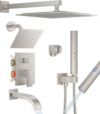 Rain Shower System with Rough-in Valve, Wall Mount Shower Faucet Set with 12" & 6" Dual Rain Shower Heads, 2-in-1 Handheld Shower, Tub Spout, 4-Function Complete Shower Fixture, Brushed Nickel