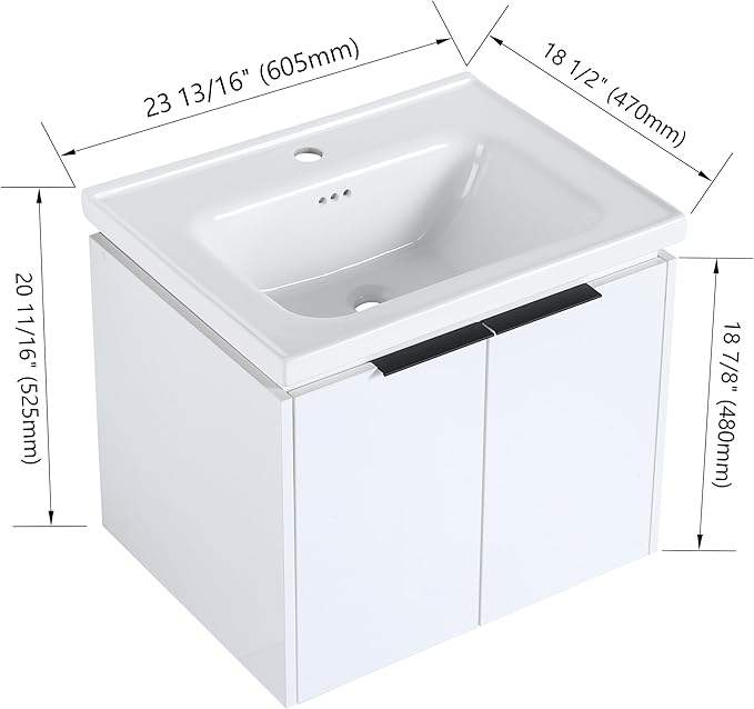 Malwee 24" Floating Bathroom Vanity with Sink, 24 Inch Single Sink Wall Mounted Bathroom Vanity, with 2 Doors and White Ceramic Basin Top, Wall Hung Storage Cabinet Combo Set.MA07424