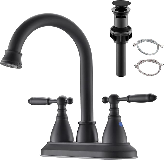 4 Inch Bathroom Sink Faucet Black - 2 Handle Centerset Faucets | 360° Swivel Spout Vintage Vanity Faucet Bathroom with Pop-up Drain Assembly and Water Supply Hoses Matte Black