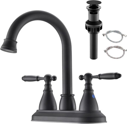 4 Inch Bathroom Sink Faucet Black - 2 Handle Centerset Faucets | 360° Swivel Spout Vintage Vanity Faucet Bathroom with Pop-up Drain Assembly and Water Supply Hoses Matte Black
