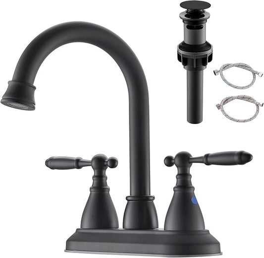 4 Inch Bathroom Sink Faucet Black - 2 Handle Centerset Faucets | 360° Swivel Spout Vintage Vanity Faucet Bathroom with Pop-up Drain Assembly and Water Supply Hoses Matte Black