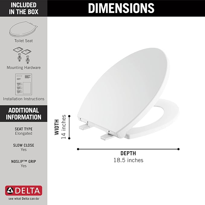 Delta Faucet Morgan Elongated Slow-Close White Toilet Seat with Non-Slip Seat Bumpers, White 811903-WH