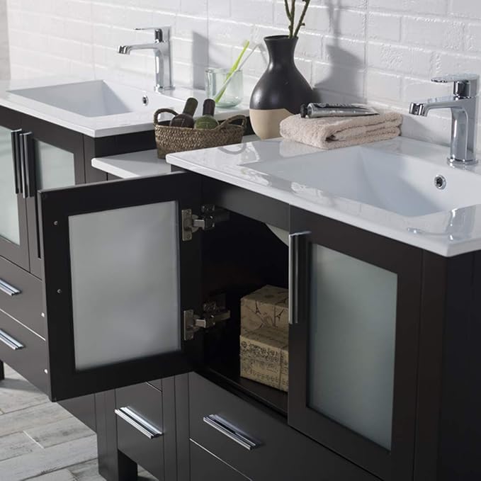 Blossom Luxury 72 Inch Solid Wood Bathroom Vanity Double Sink Set | Espresso Master Suite Vanity with Linen Cabinet | Modern Dual Sink Cabinet with Soft-Close Drawers & Tempered Glass Doors