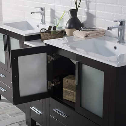 Blossom Luxury 72 Inch Solid Wood Bathroom Vanity Double Sink Set | Espresso Master Suite Vanity with Linen Cabinet | Modern Dual Sink Cabinet with Soft-Close Drawers & Tempered Glass Doors