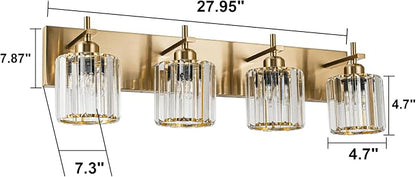 Modern Crystal Bathroom Vanity Lights, Gold 4-Lights Bathroom Light Fixtures Over Mirror, Crystal Wall Lighting with Polished Gold Finish