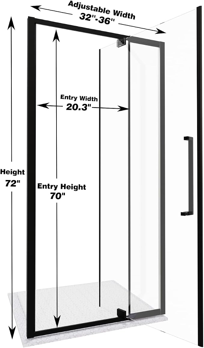 32-36" W x 72" H Semi-Frameless Pivot Swing Shower Doors | 1/4" (6mm) Clear SGCC Tempered Glass with a 20.3" walk-in opening, Matte Black Finish, Reversible, Magnetic Closing