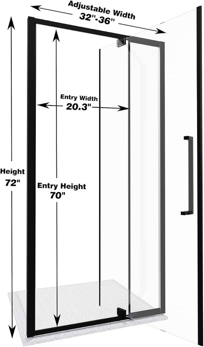 32-36" W x 72" H Semi-Frameless Pivot Swing Shower Doors | 1/4" (6mm) Clear SGCC Tempered Glass with a 20.3" walk-in opening, Matte Black Finish, Reversible, Magnetic Closing