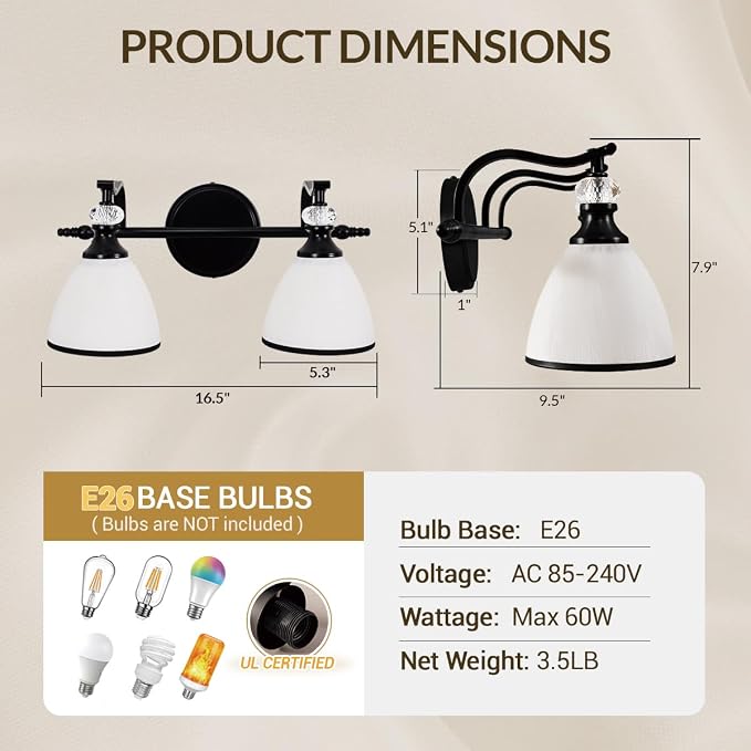 Bathroom Lighting Fixtures Over Mirror, 2-Light Matte Black Vanity Light with Frosted Glass, Anti-Rust Metal Framed Bathroom Wall Lamp Sconces for Mirror Bedroom, Living Room Hallway