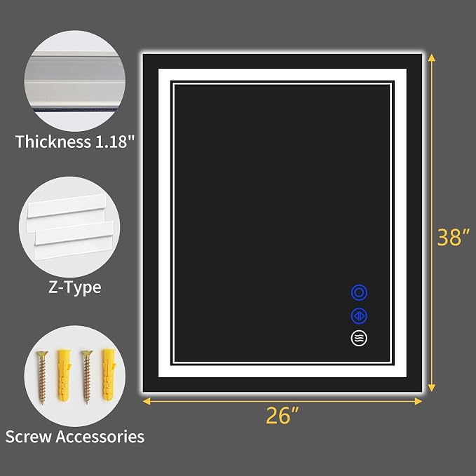38"x26" LED Bathroom Mirror with Lights,Anti-Fog,3 Color Modes