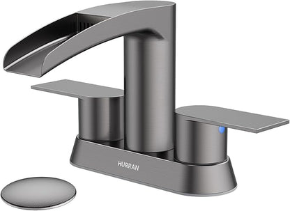 Bathroom Sink Faucet for 3 Hole, Hurran 4 Inch Bathroom Faucets with Pop-up Drain, Stainless Steel 2-Handle Waterfall Faucet for Bathroom Sink, Brushed Grey