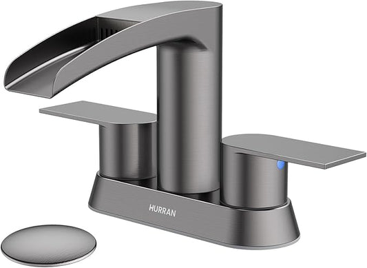 Bathroom Sink Faucet for 3 Hole, Hurran 4 Inch Bathroom Faucets with Pop-up Drain, Stainless Steel 2-Handle Waterfall Faucet for Bathroom Sink, Brushed Grey