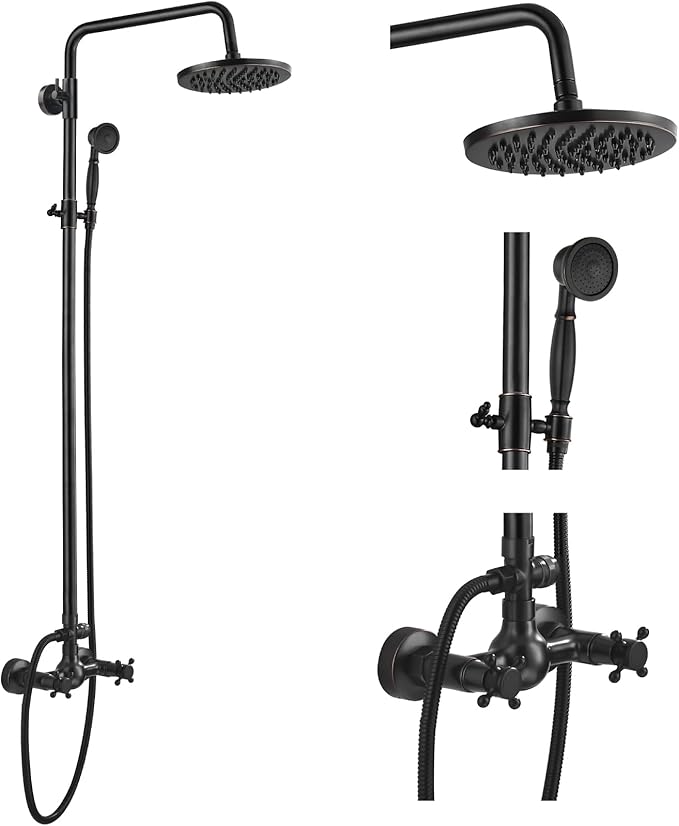 gotonovo Exposed Bathroom Shower Faucet Set Shower Fixture 8 Inch Rainfall Shower Head Handheld Shower Cross Handle Wall Mount 2 Functions Oil Rubbed Bronze