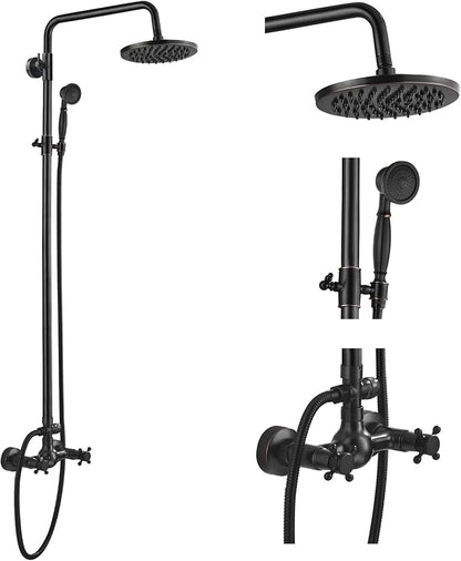 gotonovo Exposed Bathroom Shower Faucet Set Shower Fixture 8 Inch Rainfall Shower Head Handheld Shower Cross Handle Wall Mount 2 Functions Oil Rubbed Bronze