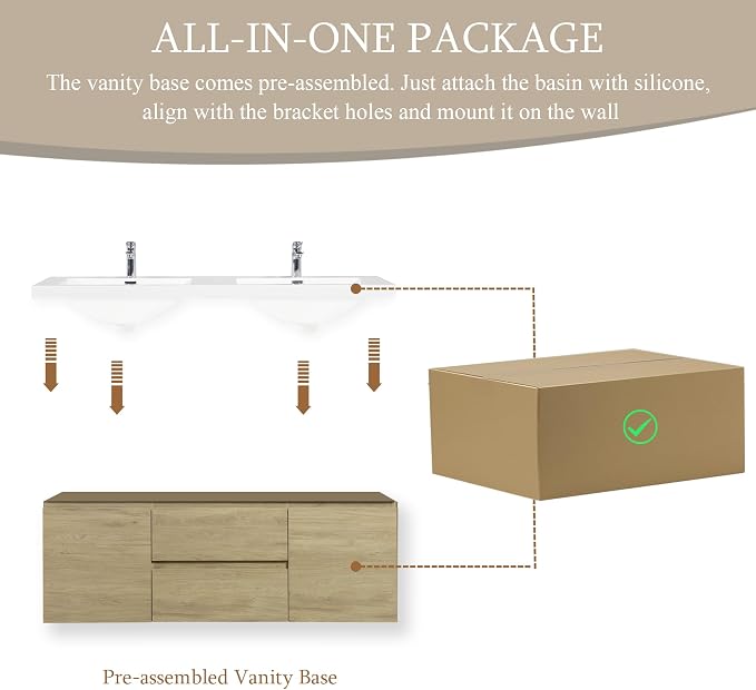 KEIKI 60" Wall-Mounted Bathroom Vanity with Double Sinks - Floating Design, 2 Soft-Close Drawers & Doors & Resin Basin, Space-Saving for Small Bathrooms, Natural Oak