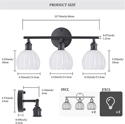 Bathroom Light Fixtures, 3-Light Black Vanity wall Light Over Mirror with White Tulip Glass Shade for Bedroom Living Room (Bulb Not Included)