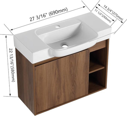 28" Bathroom Vanity with Ceramic Sink, Farmhouse Cabinet, Brown | Small Wall - Mounted Vanity, Soft Close Door, Bottom Storage Space, Two Open Storage Shelves, 45° Inclined Edge Handle