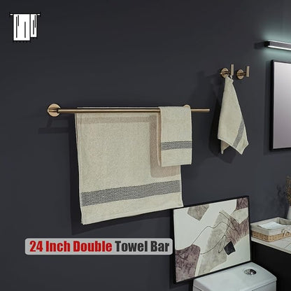 JQK Double Towel Bar Champagne Bronze, 27 Inch 304 Stainless Steel Thicken 0.8mm Towel Rack for Bathroom, Towel Holder Wall Mount, Useable Length 24 Inch, TB100L24-CB