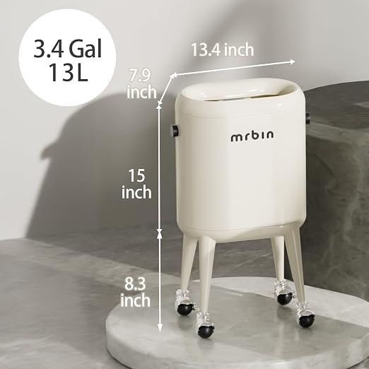 MRBIN Office Trash Can with Lid, Small Bathroom Automatic Adsorption Open Top 3.5 Gal / 13L Touchless Motion Sensor Waste Basket, Slim Decor Garbage Bin for Bedroom, Office, Cream White