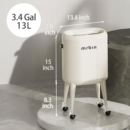 MRBIN Office Trash Can with Lid, Small Bathroom Automatic Adsorption Open Top 3.5 Gal / 13L Touchless Motion Sensor Waste Basket, Slim Decor Garbage Bin for Bedroom, Office, Cream White