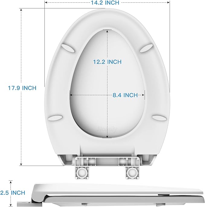 19" Elongated Slow Close Toilet Seat, White Polypropylene Toilet Seat Cover with Never Loosen Durable Lid, Quiet and Easy to Install and Clean