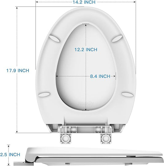 19" Elongated Slow Close Toilet Seat, White Polypropylene Toilet Seat Cover with Never Loosen Durable Lid, Quiet and Easy to Install and Clean