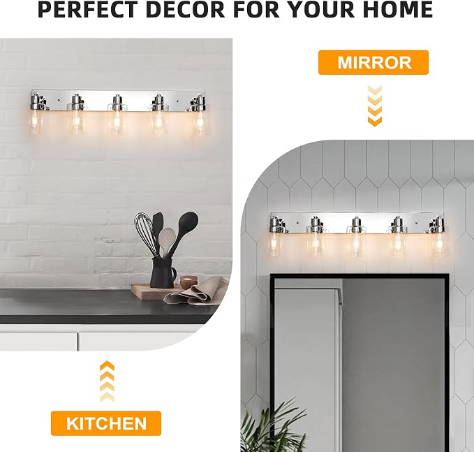5 Lights Bathroom Light Fixtures Chrome Vanity Light with Clear Glass Shade 36in Modern Bathroom Lighting Fixtures Over Mirror for Bedroom/Living Room