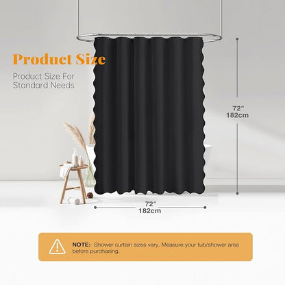 BTTN Black Scalloped Shower Curtain, Linen Textured Heavy Duty Fabric Shower Curtain Set with 12 Plastic Hooks, Modern Rustic Boho Farmhouse Waterproof Cloth Shower Curtains for Bathroom, 72x72